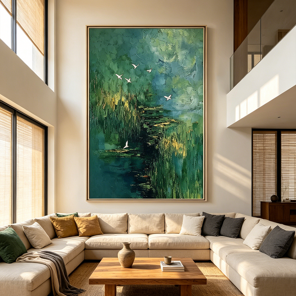 VERDANT SANCTUARY: White Birds Reflective Emerald Waters Canvas
