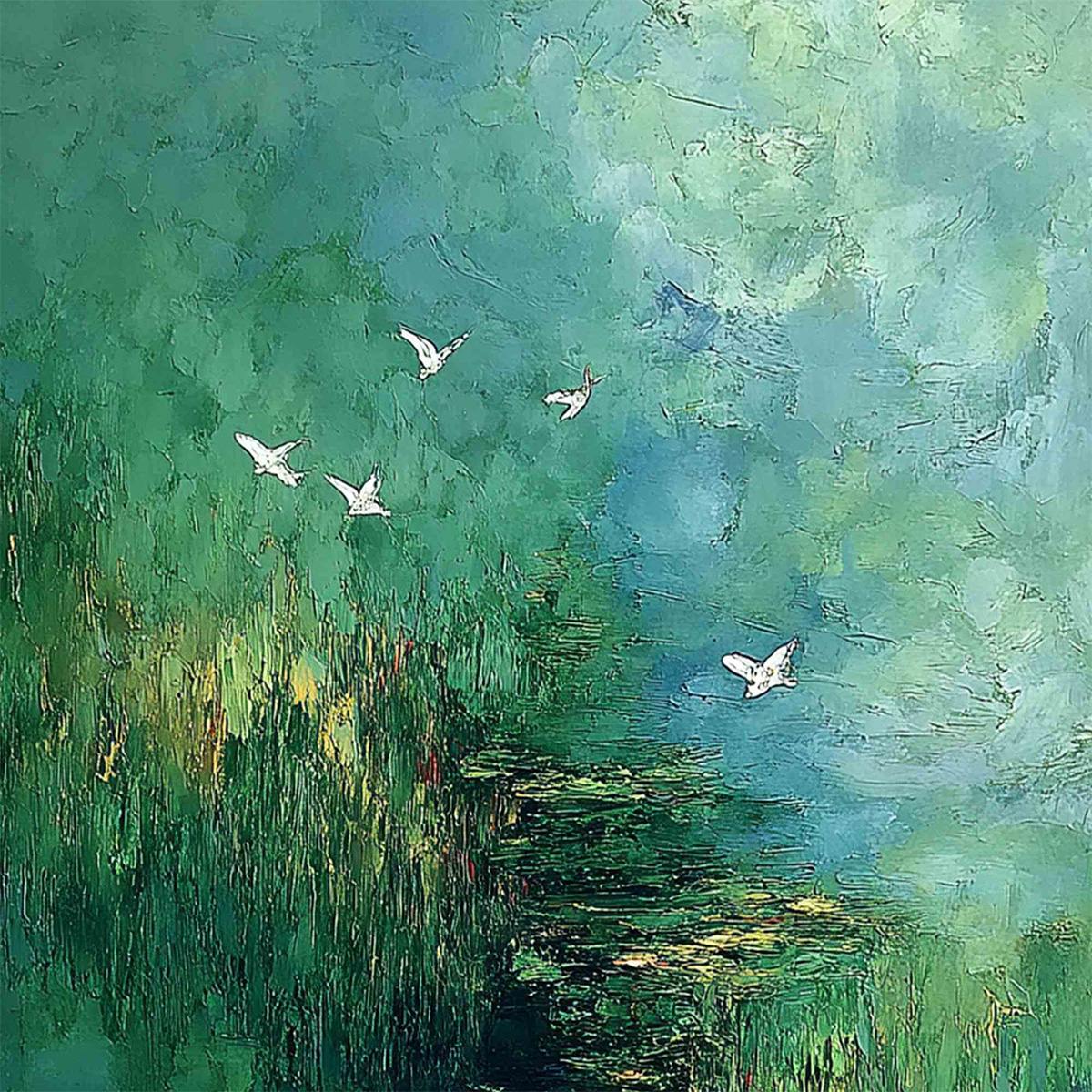 VERDANT SANCTUARY: Abstract Green Forest Landscape with Flying Birds
