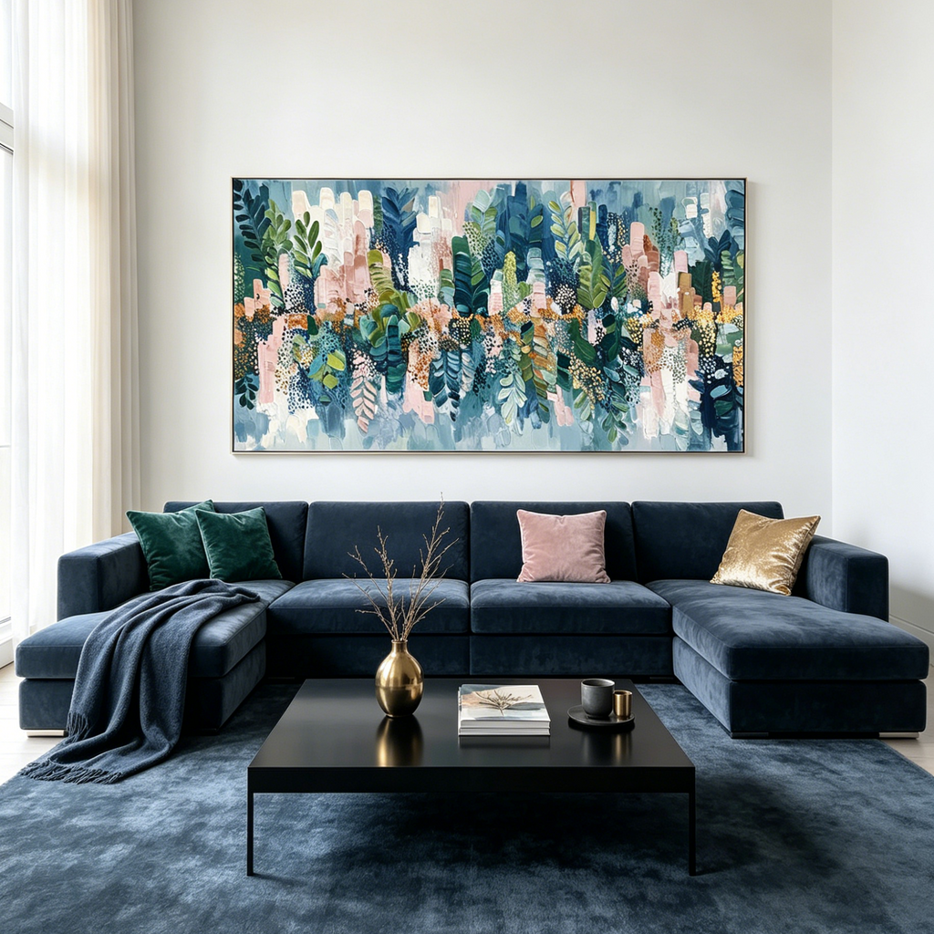 VERDANT SANCTUARY: Impasto Soft Pinks Shimmering Gold Abstract Canvas