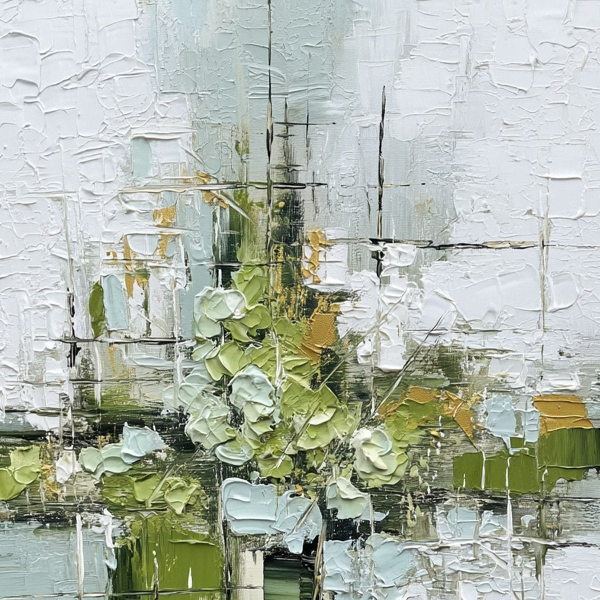 VERDANT SANCTUARY: Heavily Textured Abstract Green and White Painting