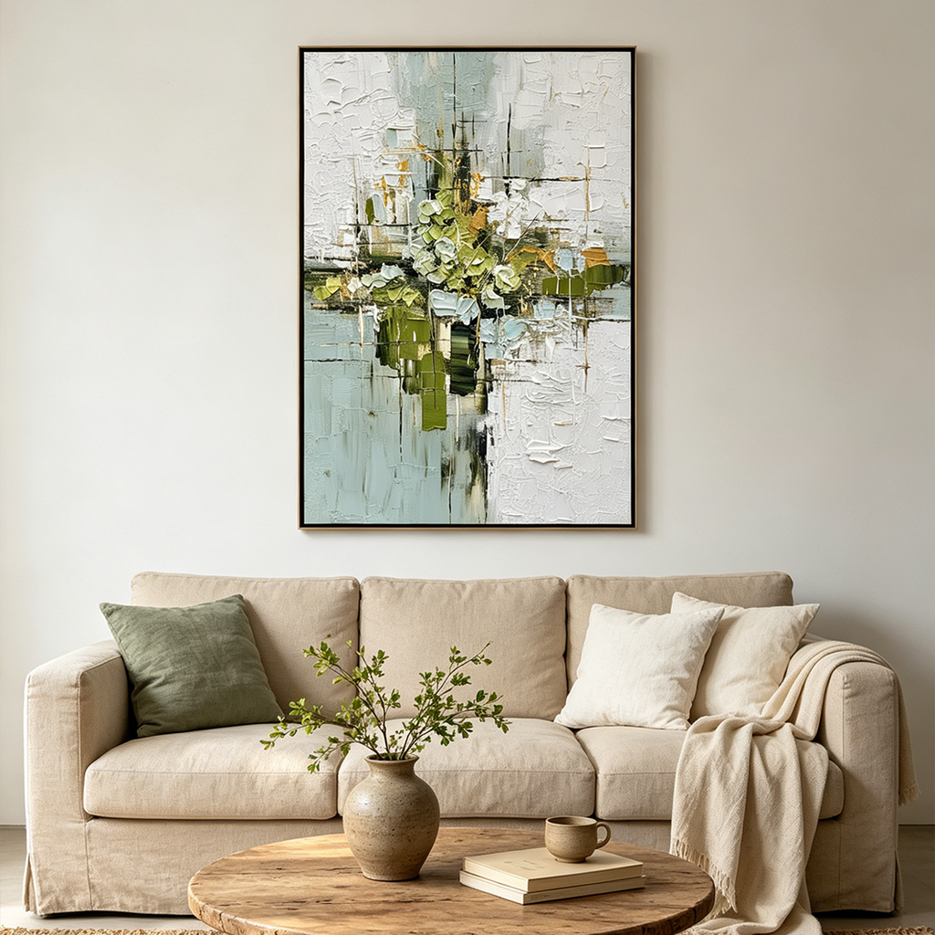 VERDANT SANCTUARY: Wabi Sabi Impasto Serene Green White Subtle Gold Canvas