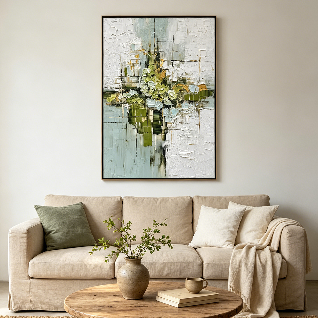 VERDANT SANCTUARY: Wabi Sabi Impasto Serene Green White Subtle Gold Canvas