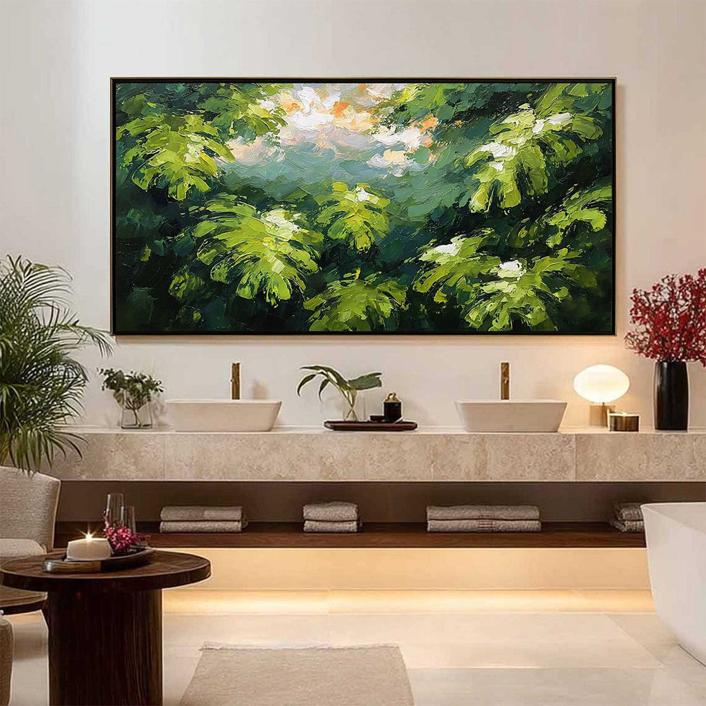 VERDANT SANCTUARY: Textured Impasto Painting of Sun-Kissed Jungle Leaves