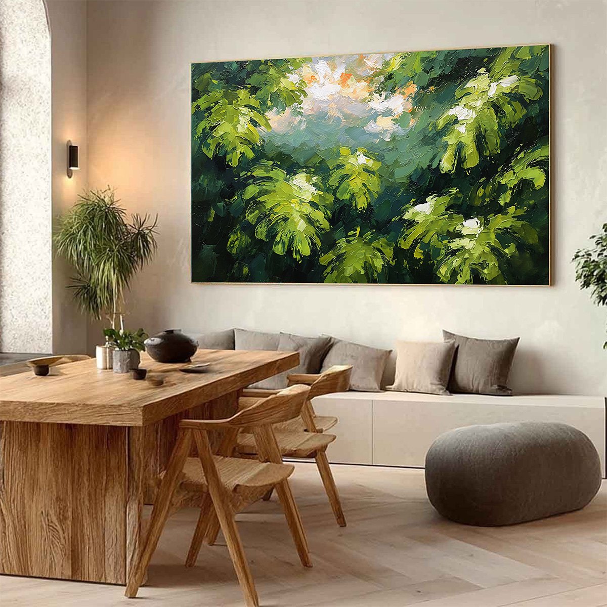 VERDANT SANCTUARY: Textured Impasto Painting of Sun-Kissed Jungle Leaves