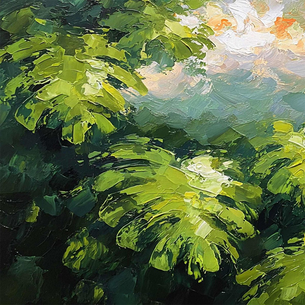 VERDANT SANCTUARY: Textured Impasto Painting of Sun-Kissed Jungle Leaves