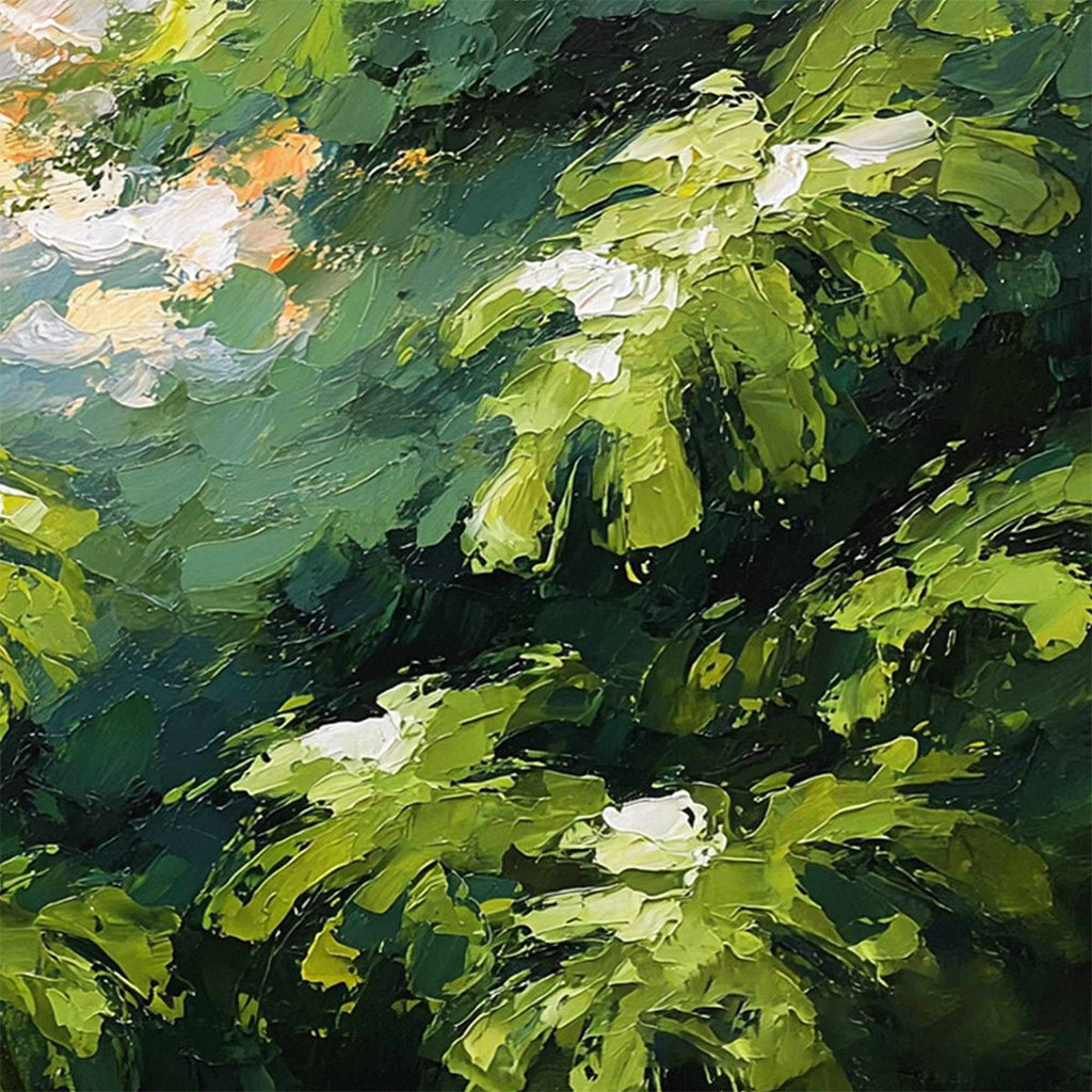 VERDANT SANCTUARY: Textured Impasto Painting of Sun-Kissed Jungle Leaves