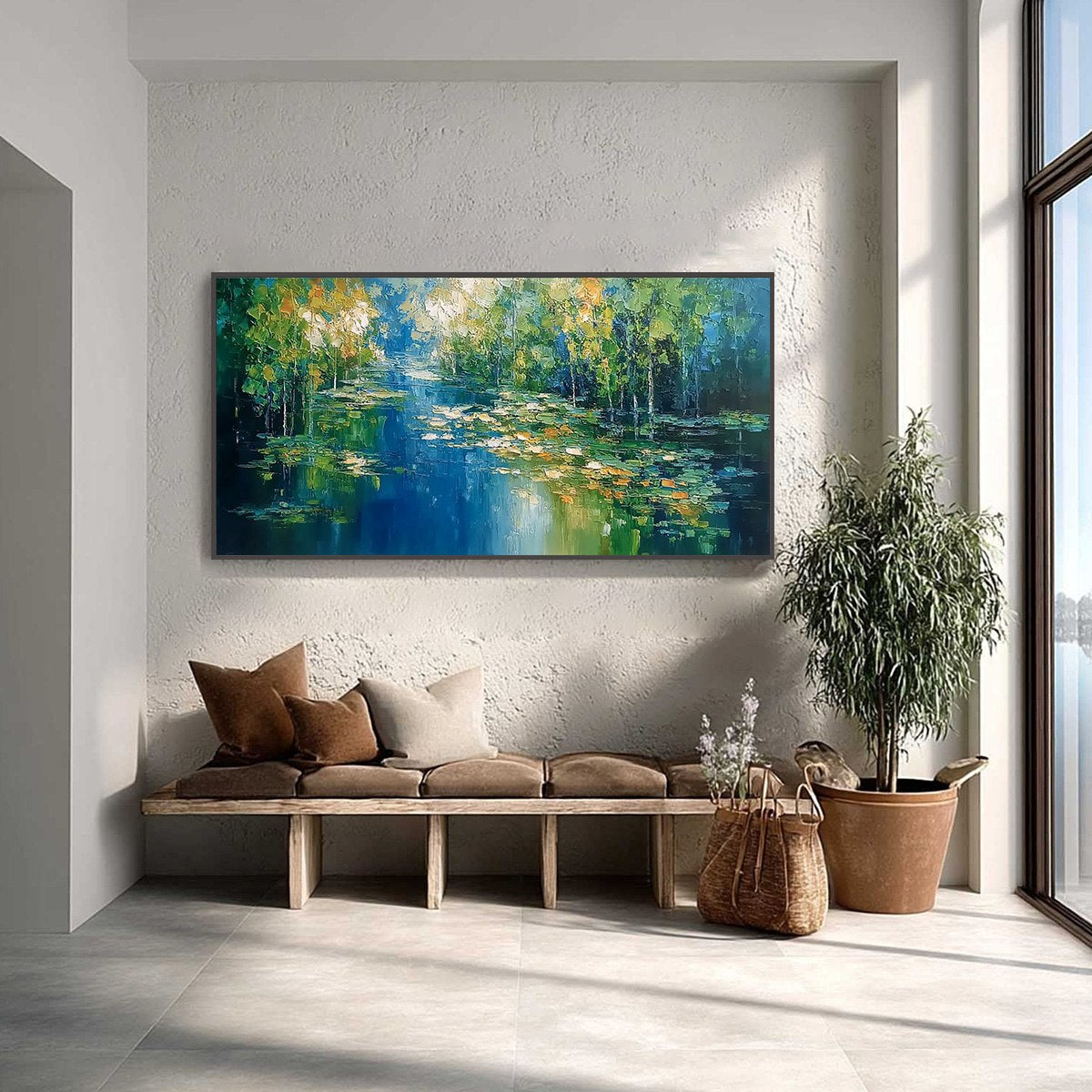 VERDANT SANCTUARY: Textured Palette Knife Forest Pond Landscape Painting