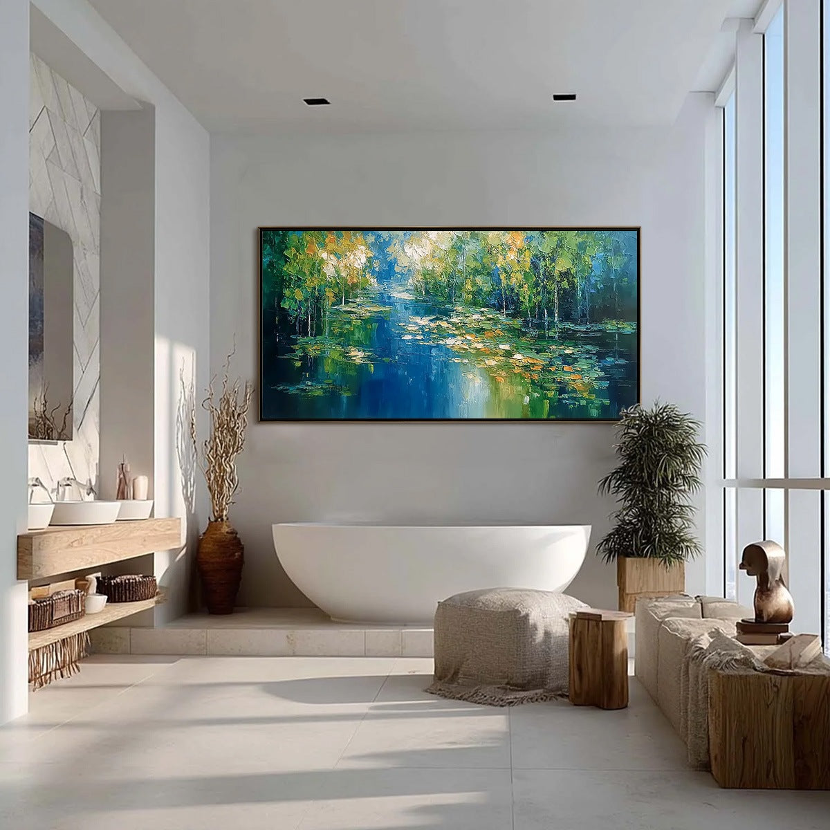 VERDANT SANCTUARY: Textured Palette Knife Forest Pond Landscape Painting