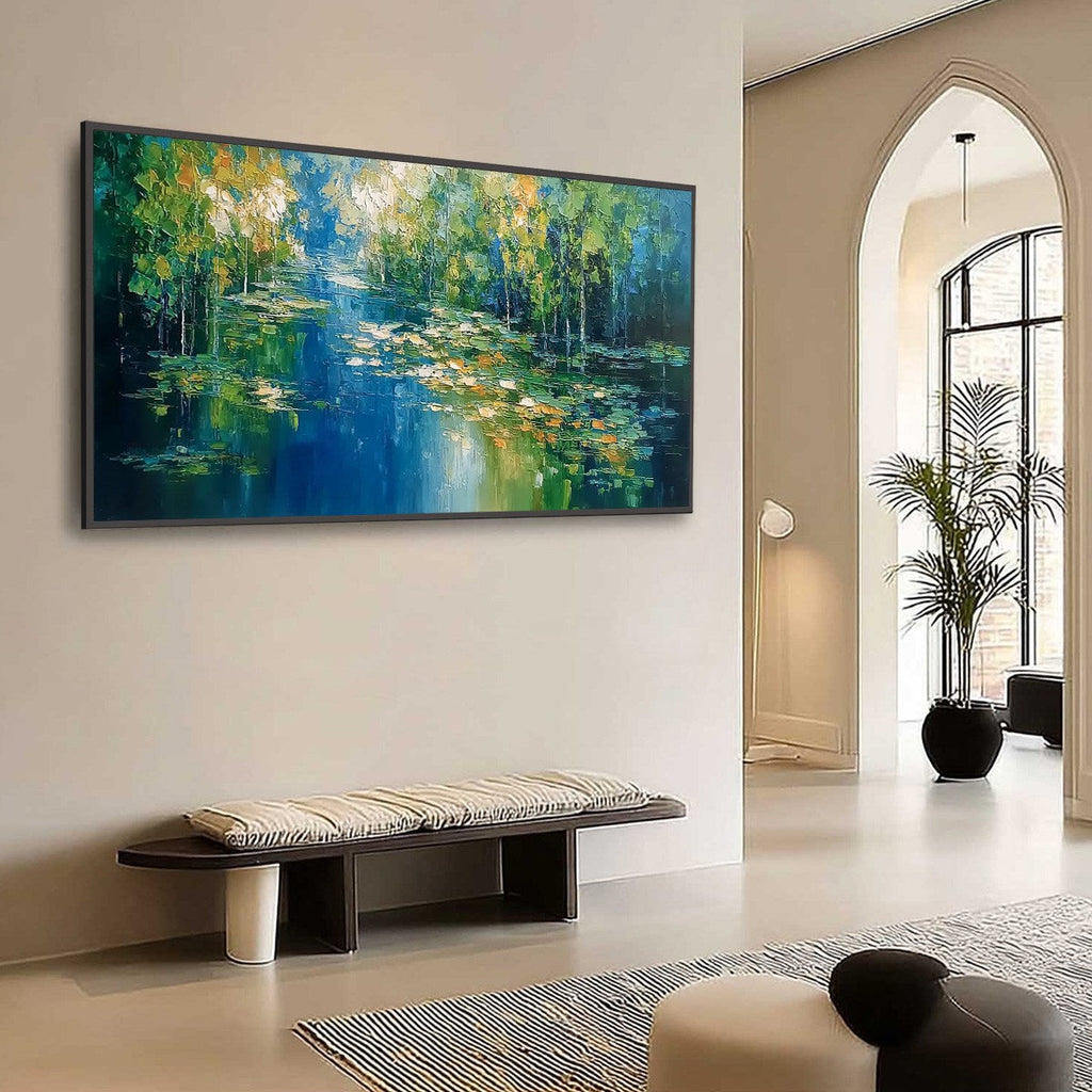 VERDANT SANCTUARY: Textured Palette Knife Forest Pond Landscape Painting