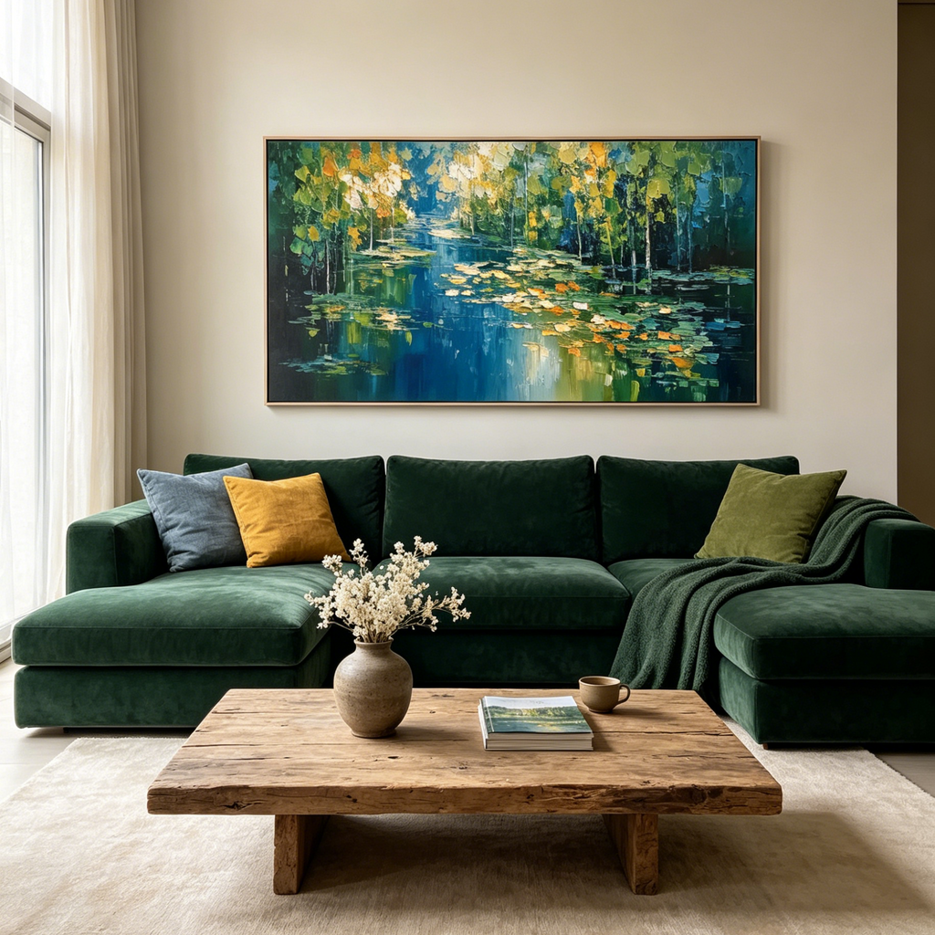 VERDANT SANCTUARY: Impasto Sunlight Forest Pond Canvas