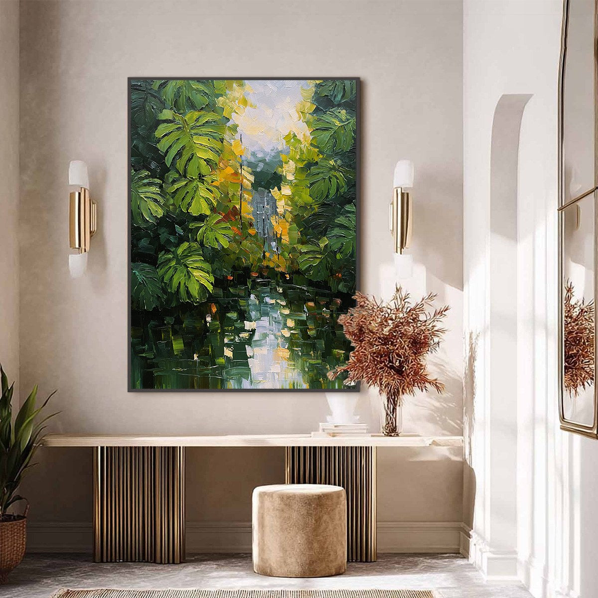 VERDANT SANCTUARY: Textured Palette Knife Painting of a Lush Jungle Oasis