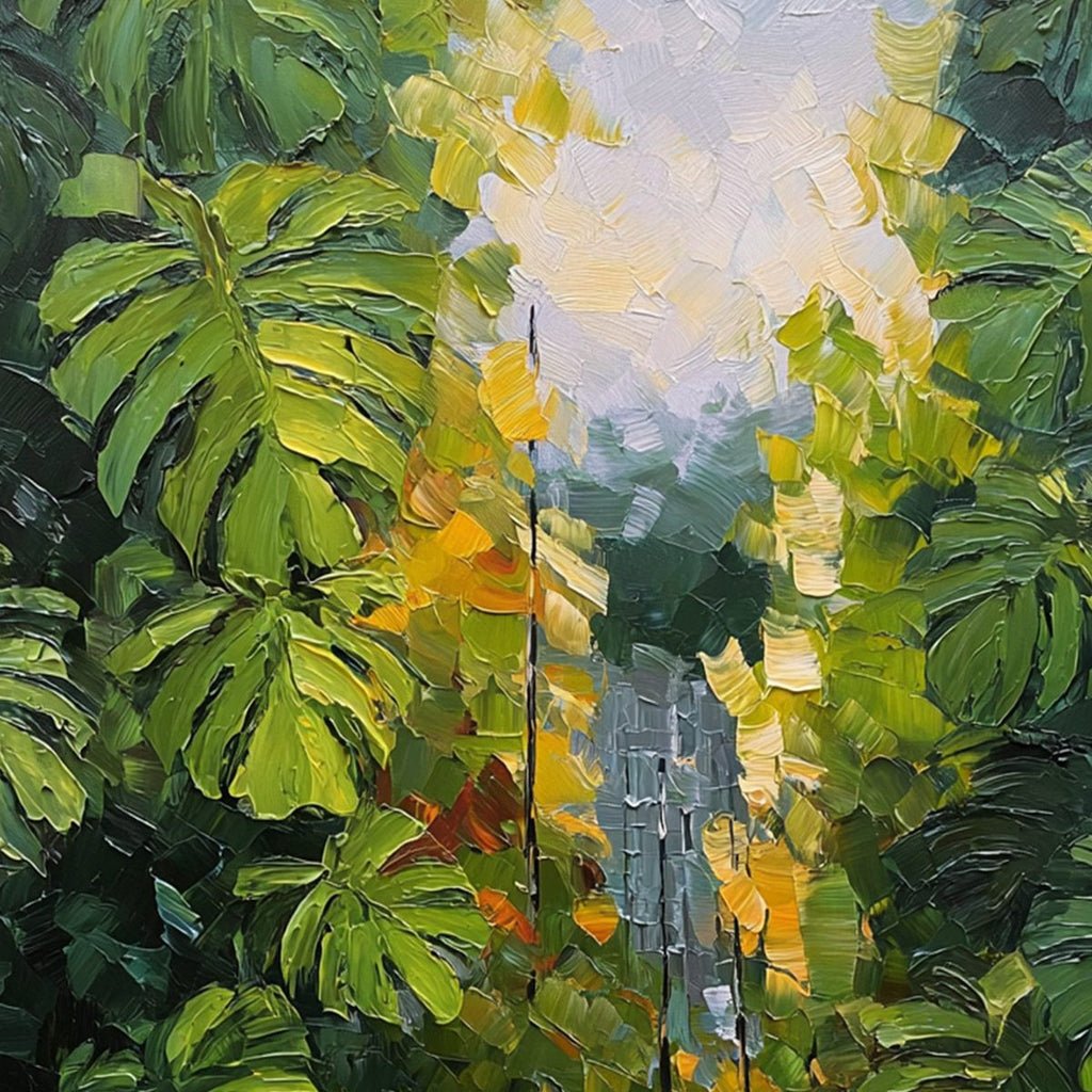 VERDANT SANCTUARY: Textured Palette Knife Painting of a Lush Jungle Oasis