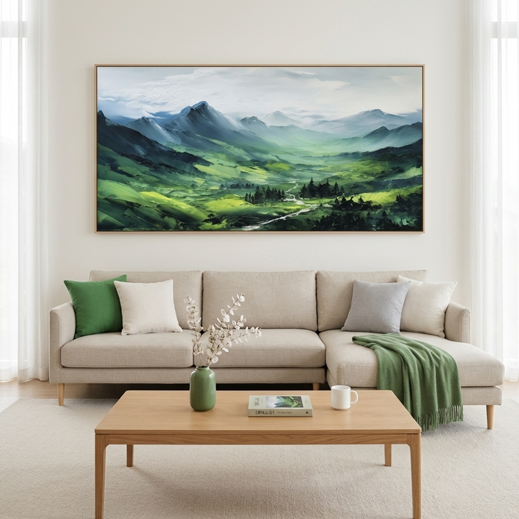 VERDANT VALLEY VISTA: Vibrant Abstract Mountain Valley Panoramic Oil Painting