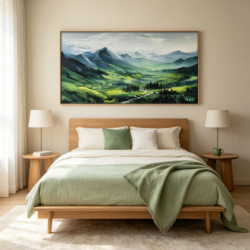 VERDANT VALLEY VISTA: Vibrant Abstract Mountain Valley Panoramic Oil Painting
