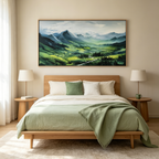 VERDANT VALLEY VISTA: Vibrant Abstract Mountain Valley Panoramic Oil Painting