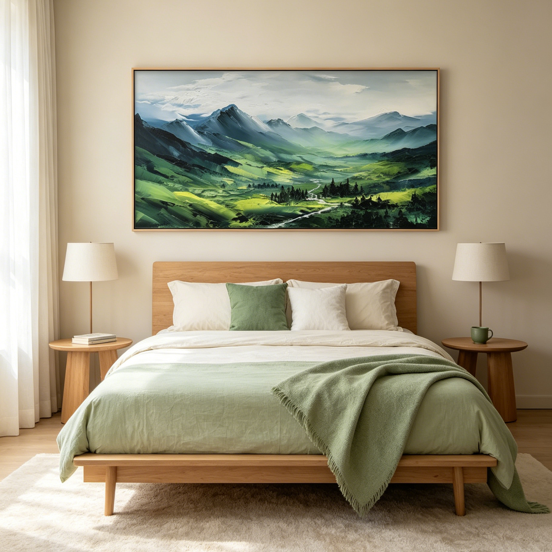 VERDANT VALLEY VISTA: Vibrant Abstract Mountain Valley Panoramic Oil Painting