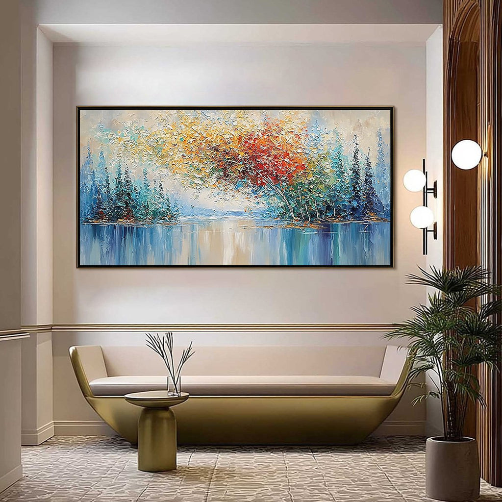 VIBRANT REFLECTIONS: Colorful Textured Impasto Forest and Lake Painting