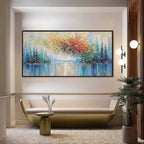 VIBRANT REFLECTIONS: Colorful Textured Impasto Forest and Lake Painting