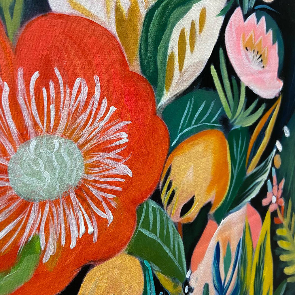 MIDNIGHT GARDEN: Lush Vibrant Flowers On Dark Oil Painting