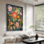 MIDNIGHT GARDEN: Lush Vibrant Flowers On Dark Oil Painting