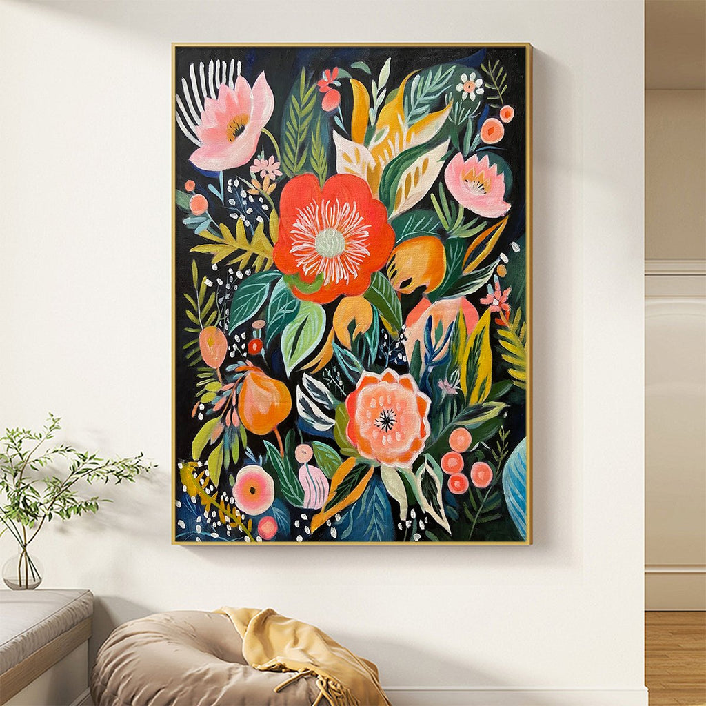 MIDNIGHT GARDEN: Lush Vibrant Flowers On Dark Oil Painting