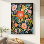 MIDNIGHT GARDEN: Lush Vibrant Flowers On Dark Oil Painting