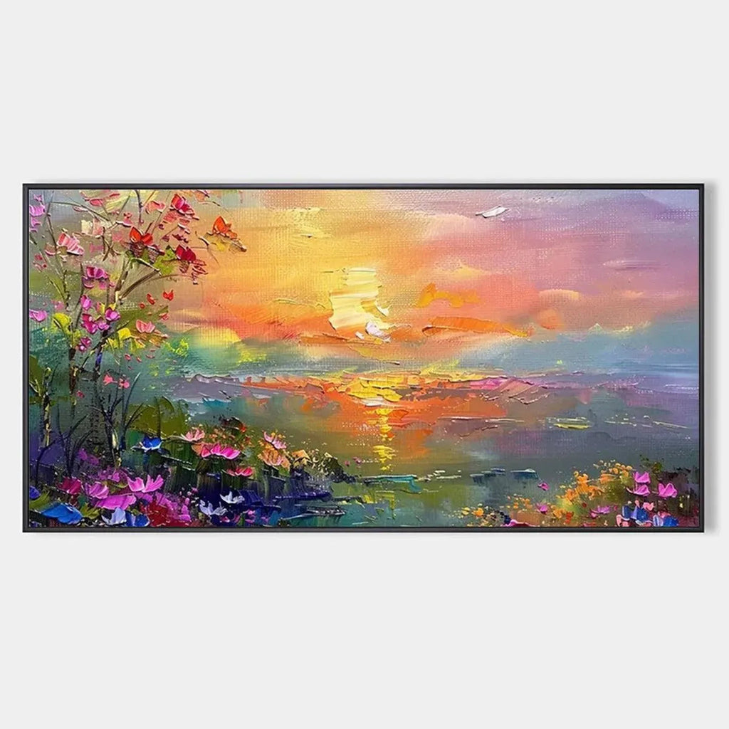 Original impressionistic sunset landscape painting with vibrant flowers and water reflection in black frame.
