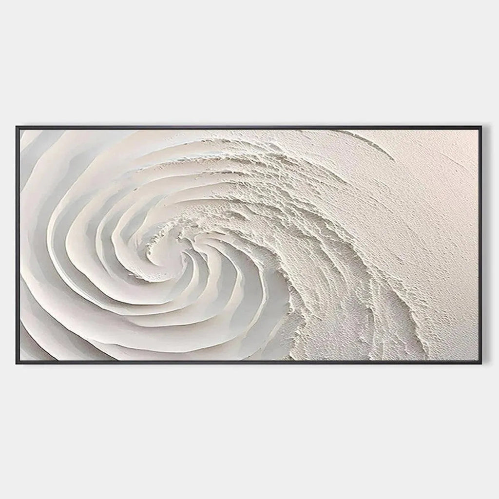 Textured white abstract swirl painting, "WHIRLWIND" by Isabella Rossi, showcasing thick impasto technique on canvas.