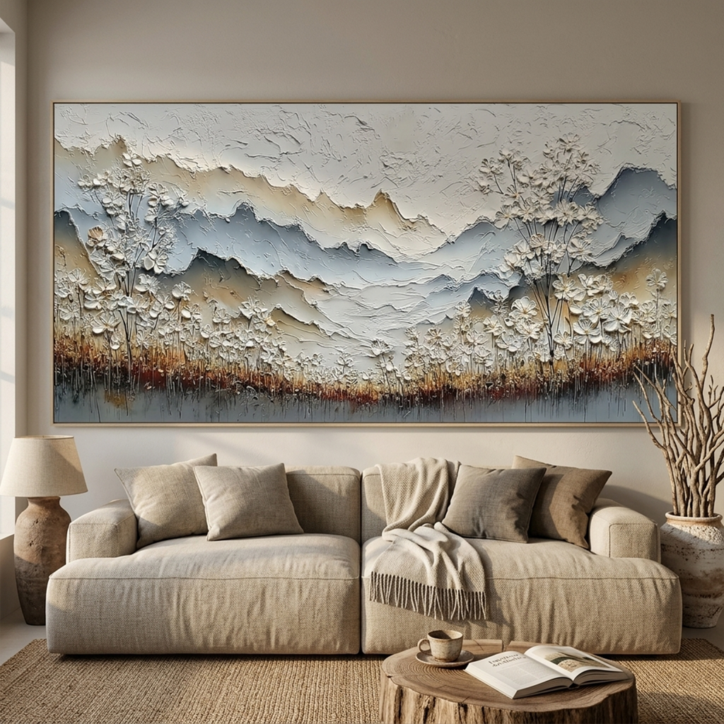 WHISPERING MEADOW: Thick Impasto Wabi Sabi Mountain White Blossom Canvas