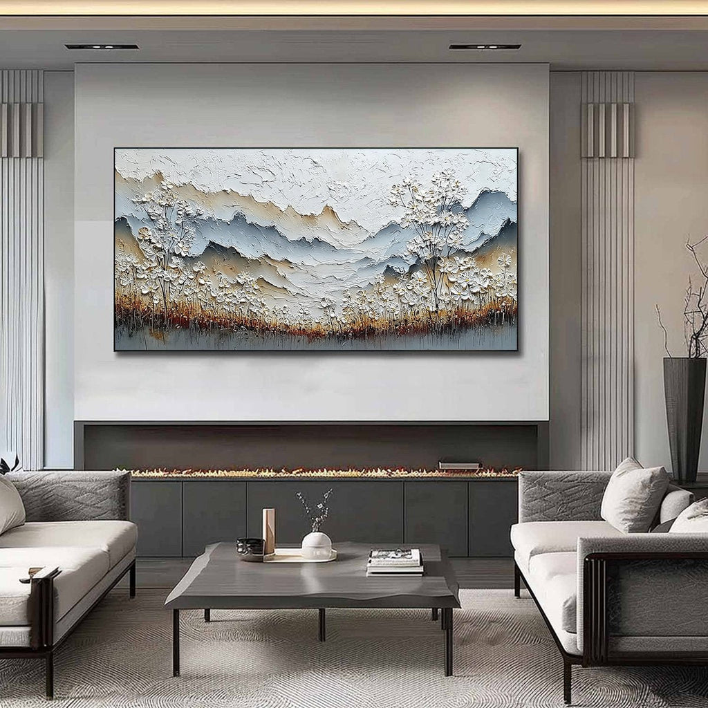 WHISPERING MEADOW: Heavily Textured Wabi Sabi Mountain & Flower Landscape Painting
