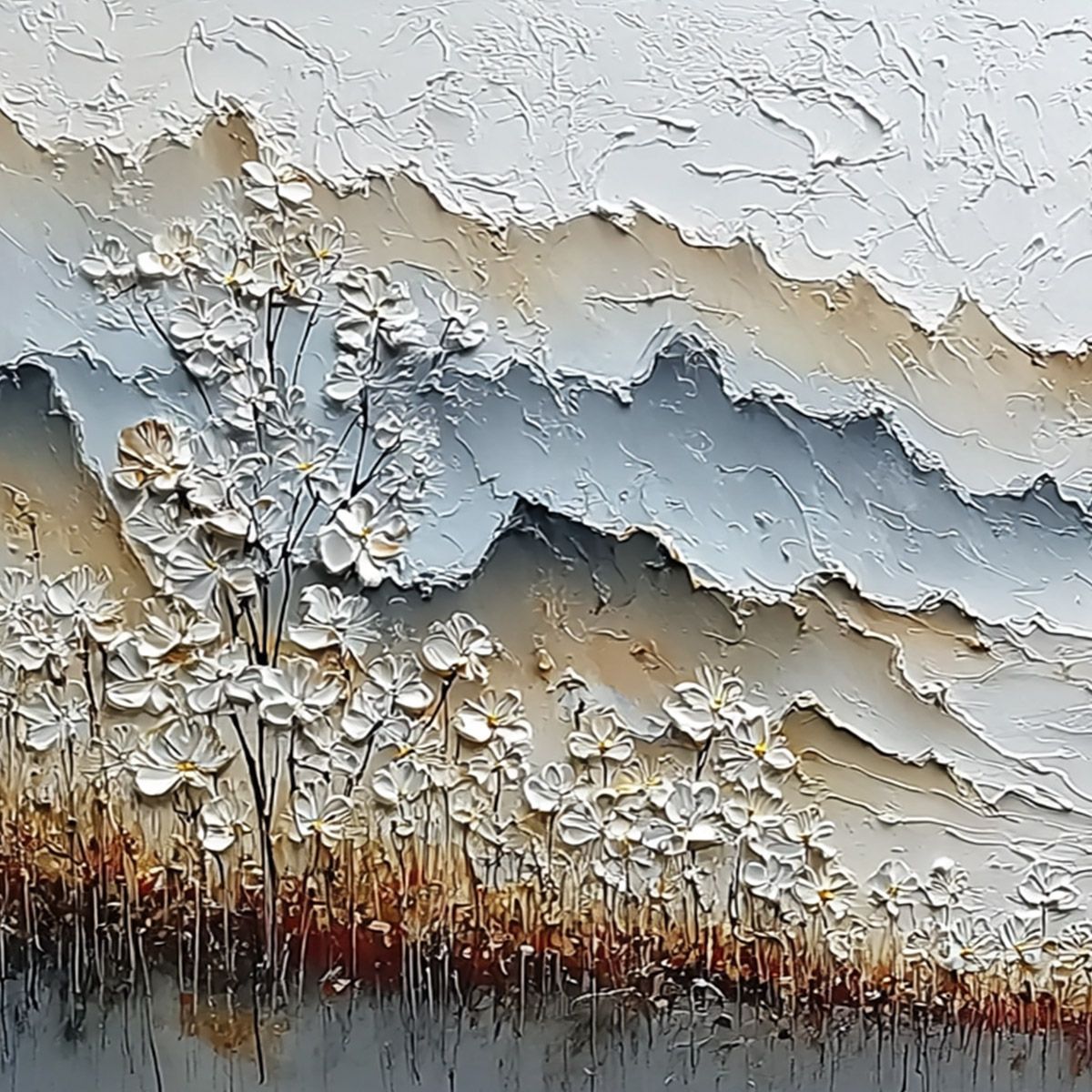 WHISPERING MEADOW: Heavily Textured Wabi Sabi Mountain & Flower Landscape Painting