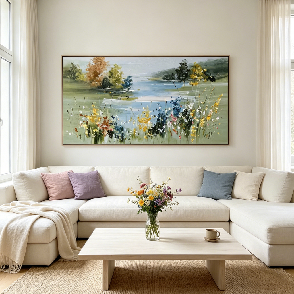 WHISPERING MEADOW: Impasto Wildflowers Breeze Reeds Canvas