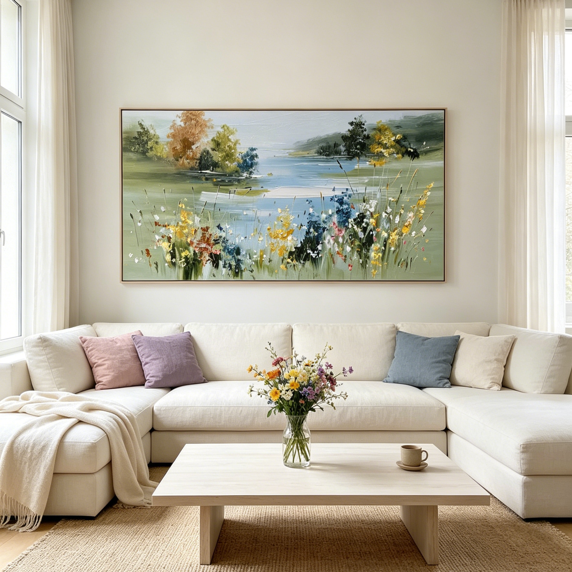 WHISPERING MEADOW: Impasto Wildflowers Breeze Reeds Canvas