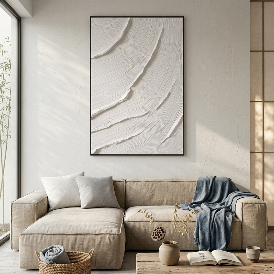 WHISPERING WAVES: Textured White Wabi Sabi Minimalist Canvas