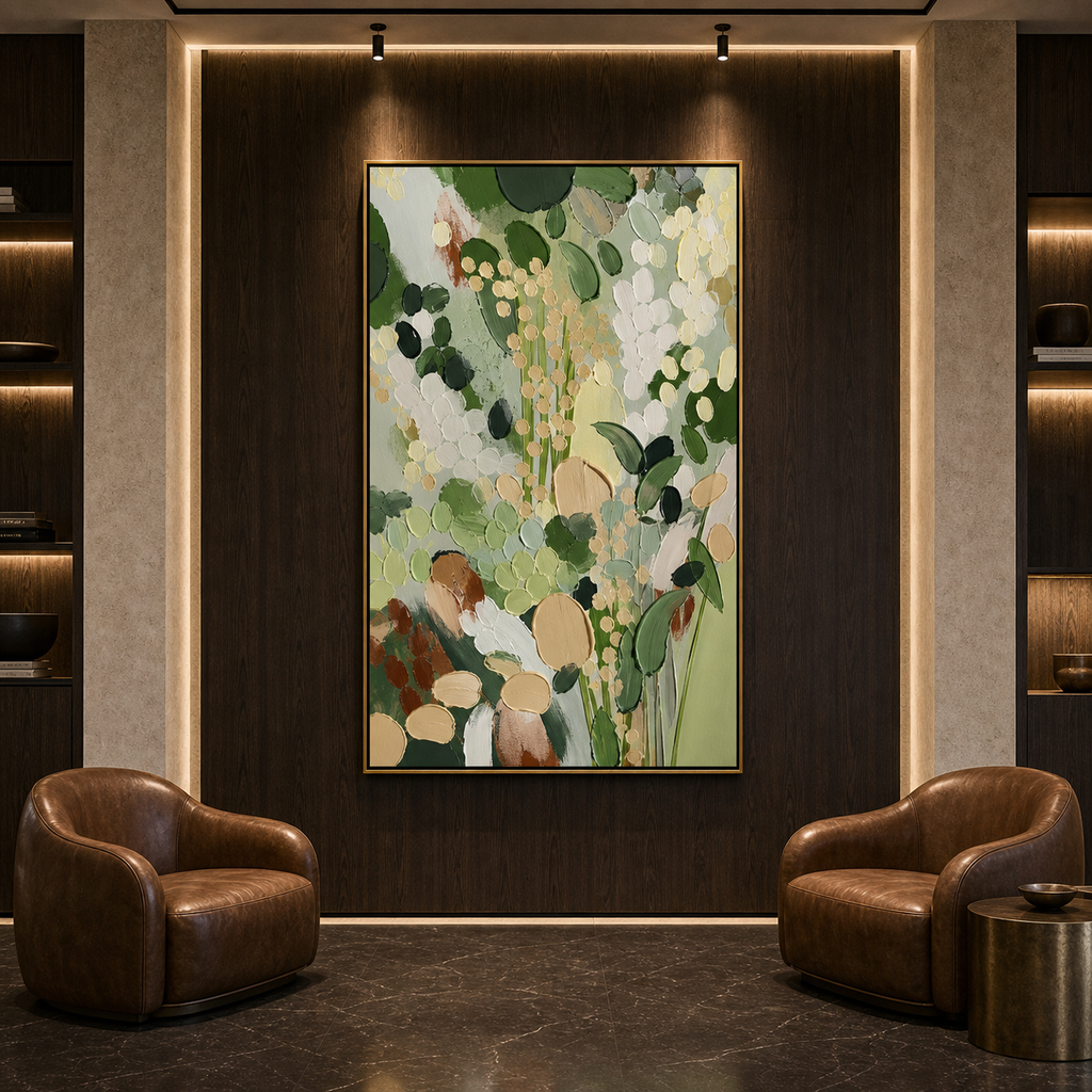 WHISPERING MEADOW: Green Gold Abstract Wildflowers Canvas
