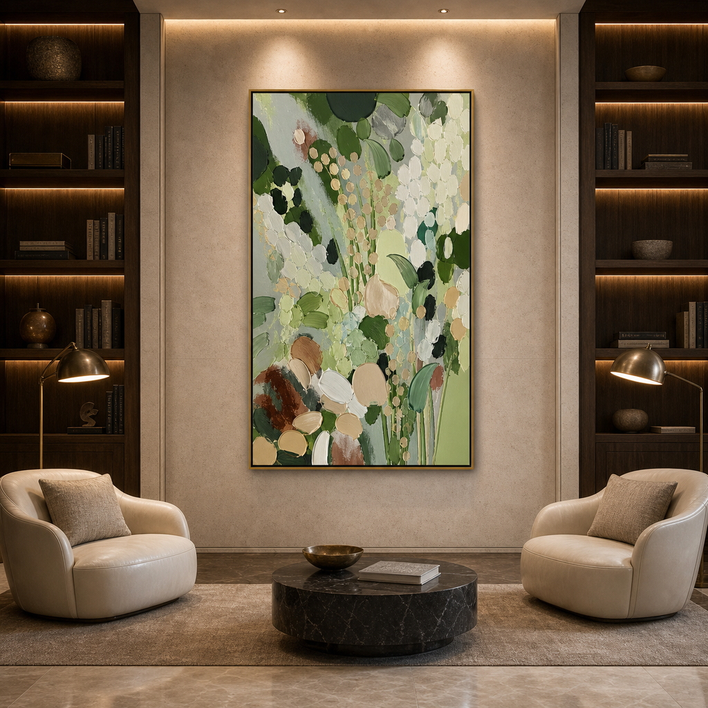 WHISPERING MEADOW: Green Gold Abstract Wildflowers Canvas
