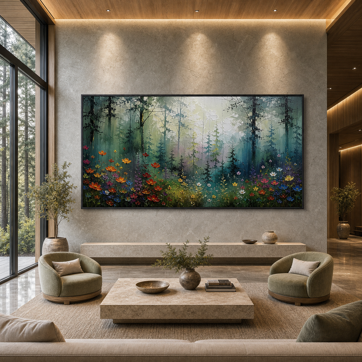 WHISPERING WOODS: Sunlit Forest Wildflowers Impressionistic Canvas