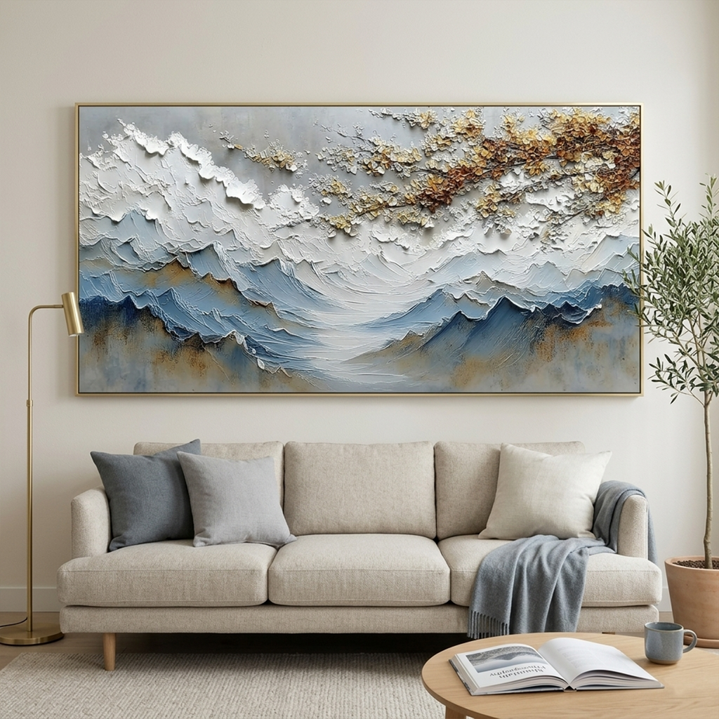 WHISPERS OF THE VALLEY: Impasto Blue Grey Mountain Golden Blossom Canvas