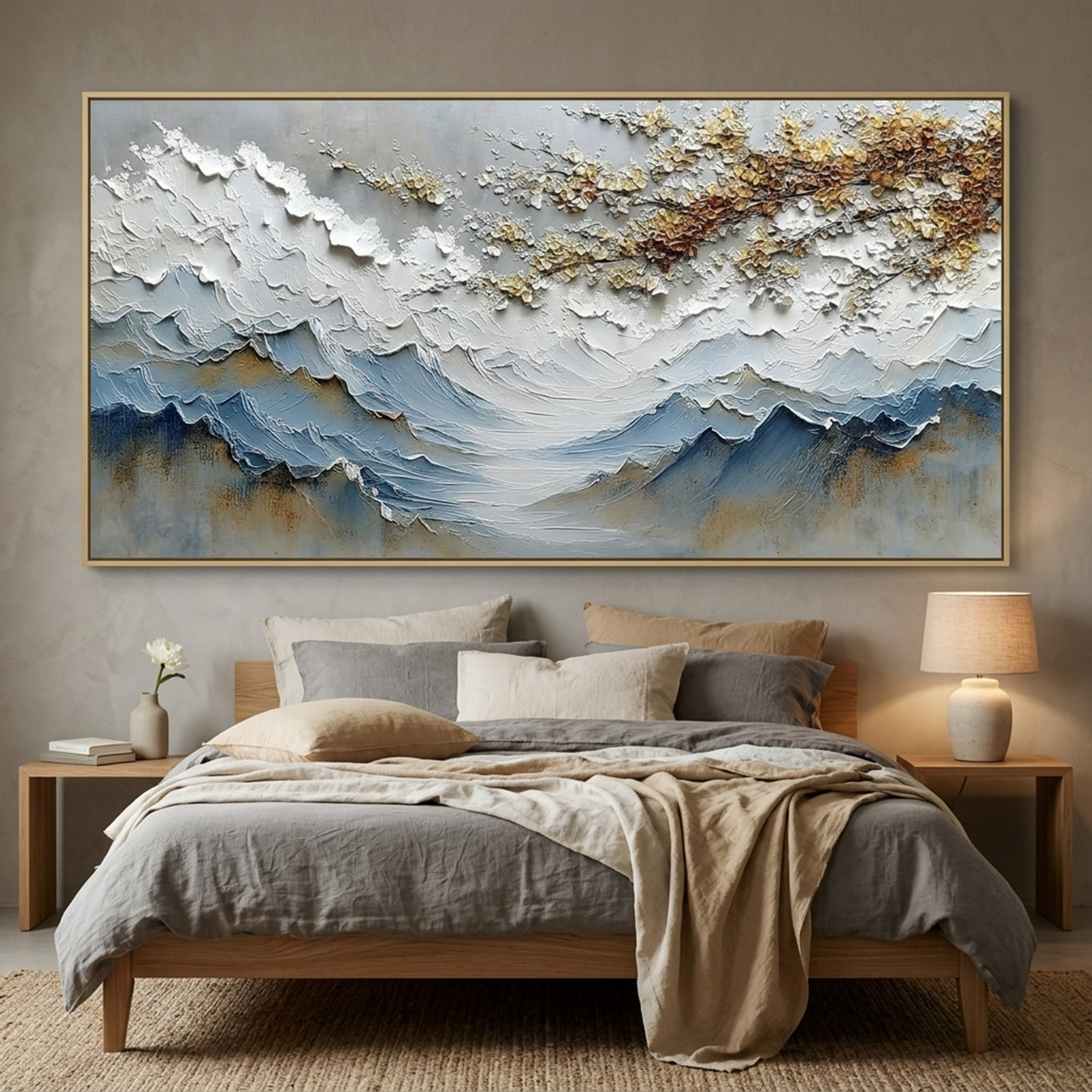 WHISPERS OF THE VALLEY: Impasto Blue Grey Mountain Golden Blossom Canvas