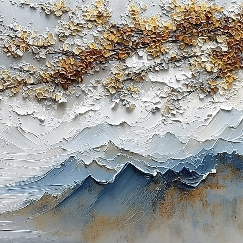 WHISPERS OF THE VALLEY: Textured Mountain Landscape Painting with Golden Blossoms