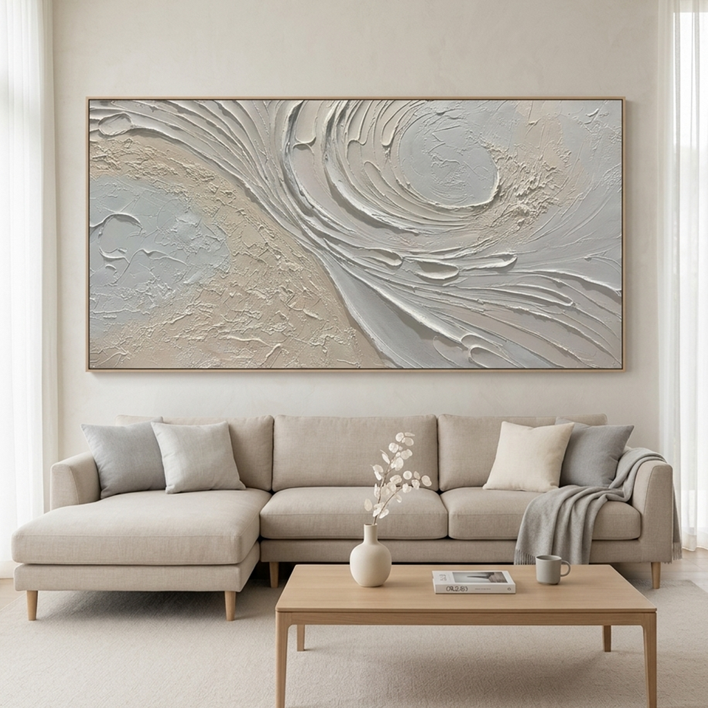 WHISPERS OF THE WIND: Beige Grey Textured Swirls Panoramic Canvas