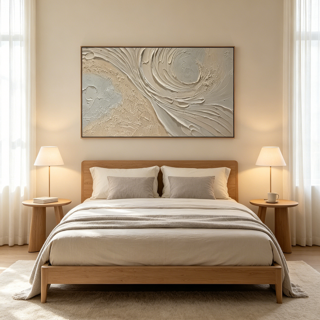 WHISPERS OF THE WIND: Beige Grey Textured Swirls Panoramic Canvas