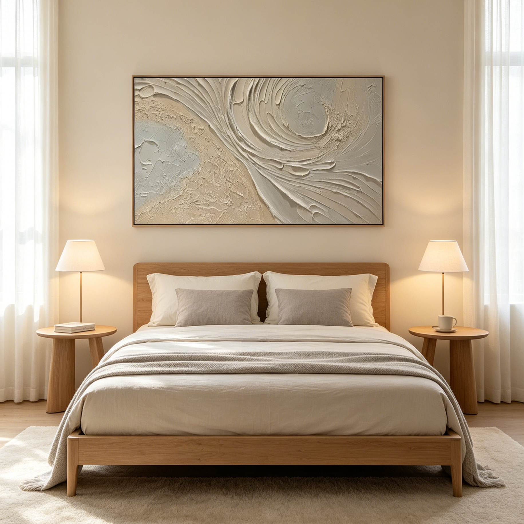 WHISPERS OF THE WIND: Beige Grey Textured Swirls Panoramic Canvas