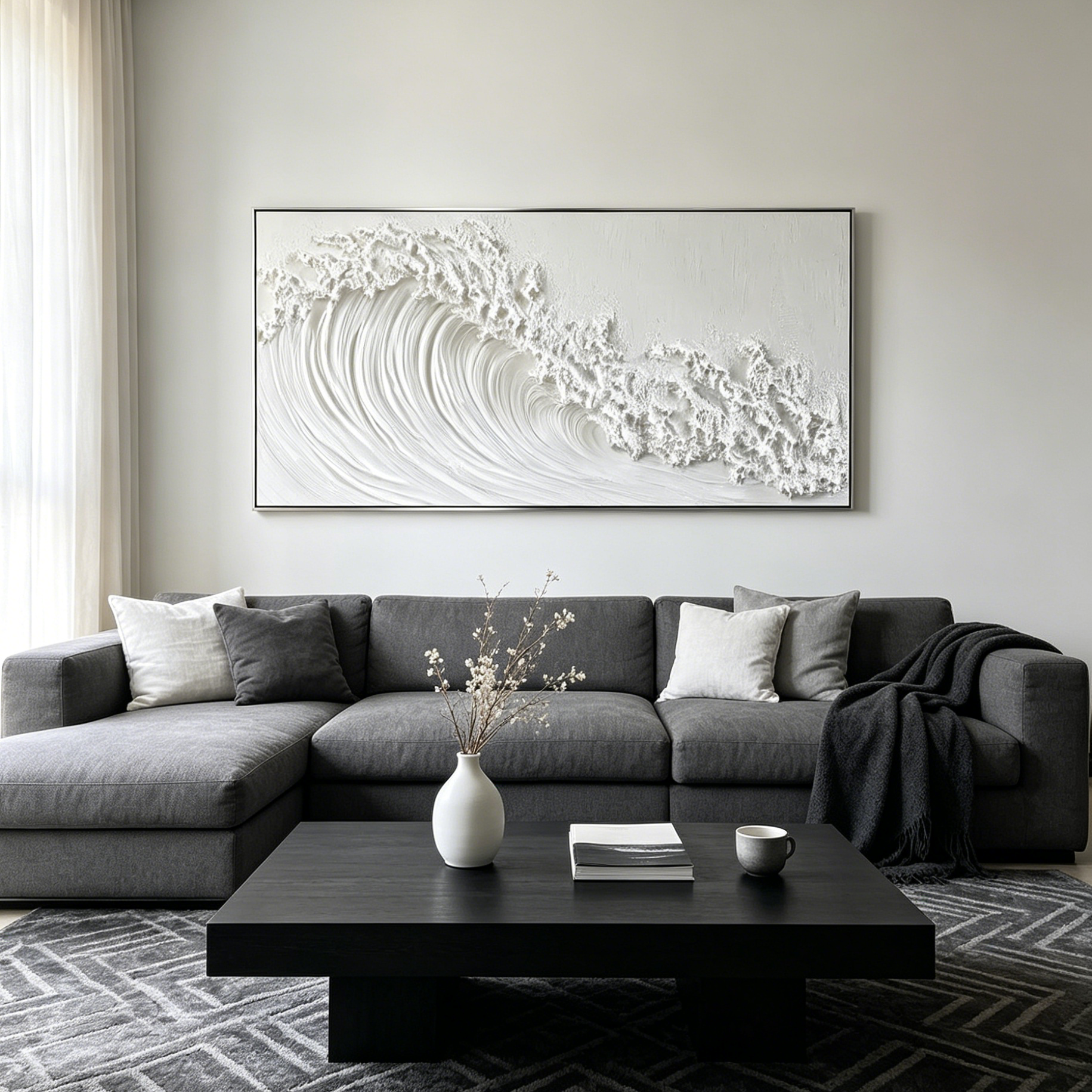 WHITE CREST: Textured Impasto White Ocean Wave Canvas