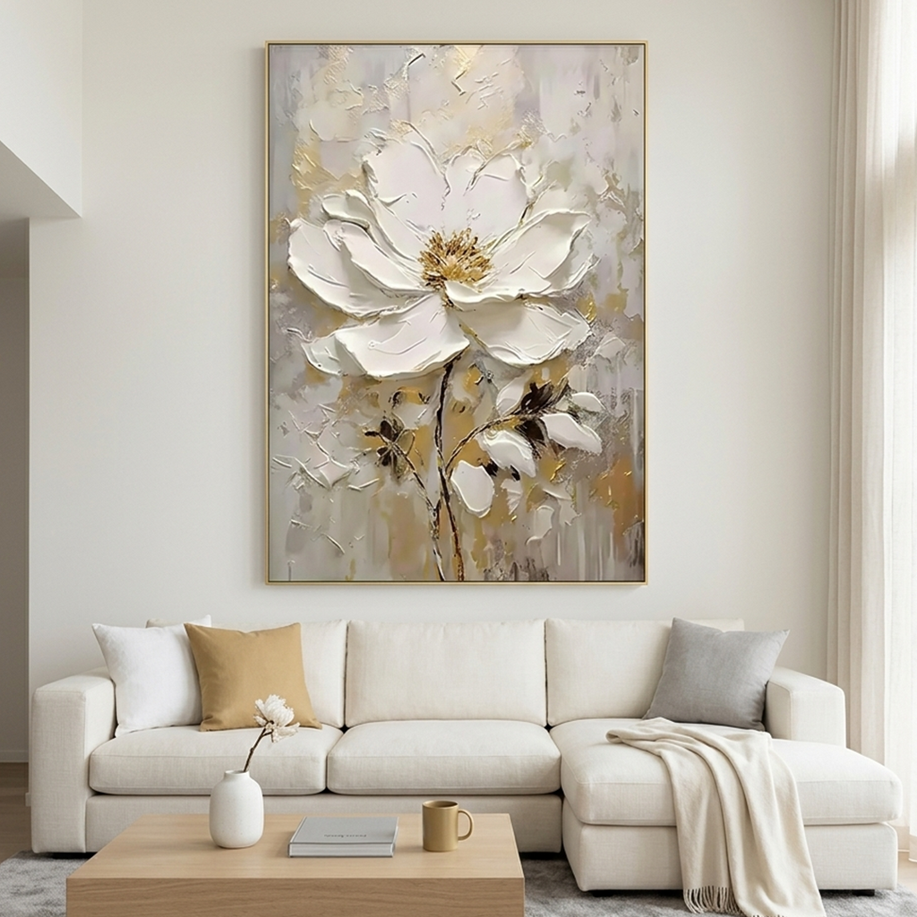 WHITE BLOSSOM: Impasto Single White Flower Gold Accents Canvas