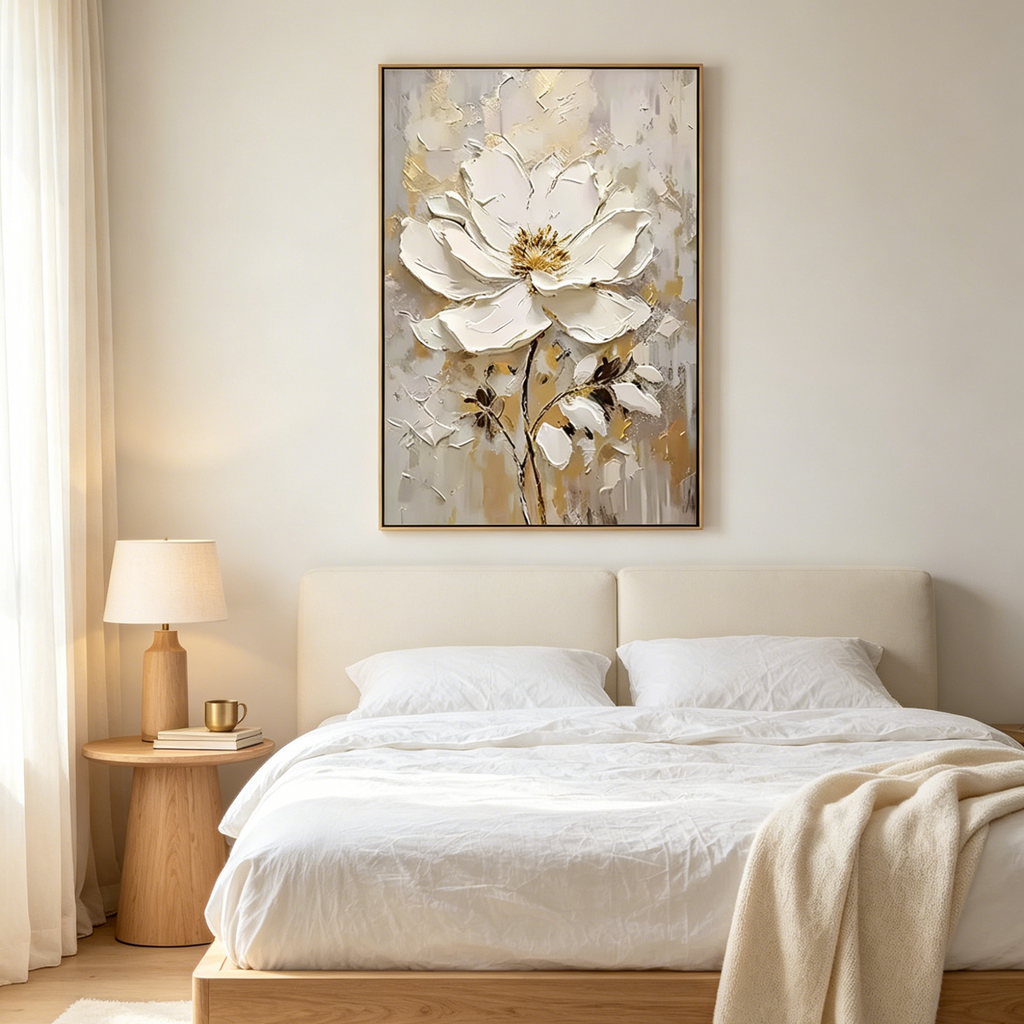 WHITE BLOSSOM: Impasto Single White Flower Gold Accents Canvas