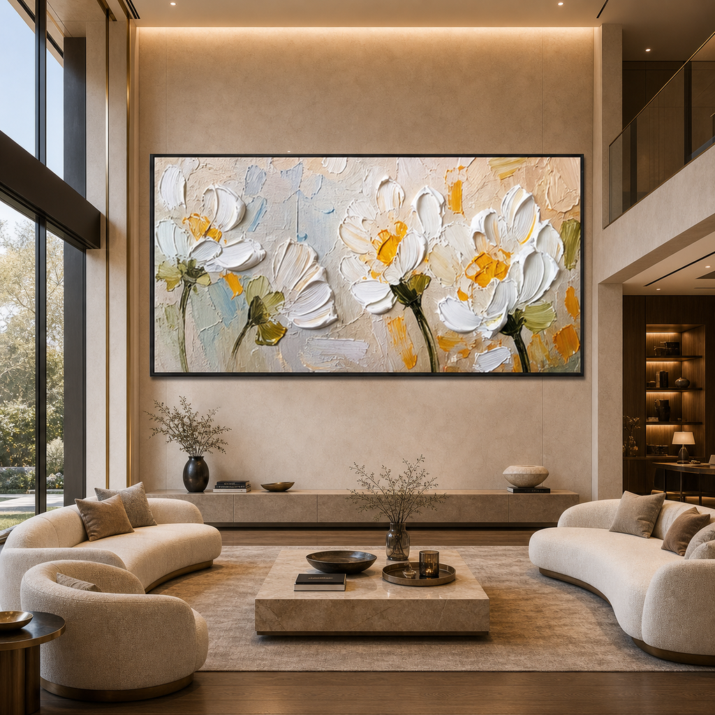 WHITE BLOSSOMS: White Beige Impasto Flowers Textured Parisian Canvas