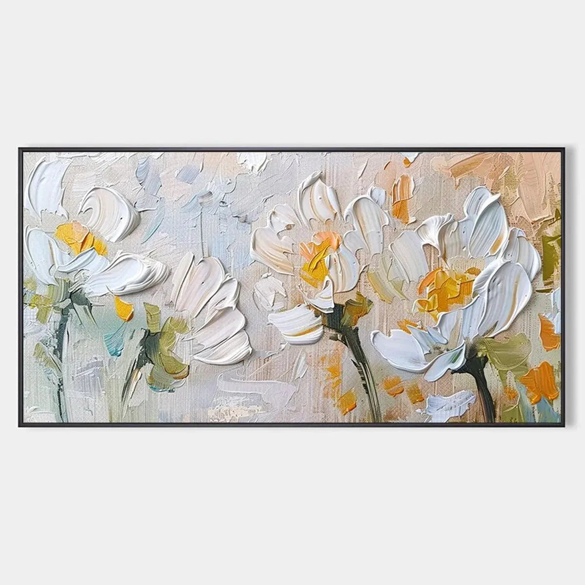 Elodie Dubois' White Blossoms: Textured impasto floral painting in white and beige, original artwork for living room