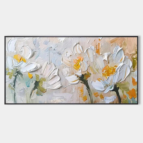 Elodie Dubois' White Blossoms: Textured impasto floral painting in white and beige, original artwork for living room