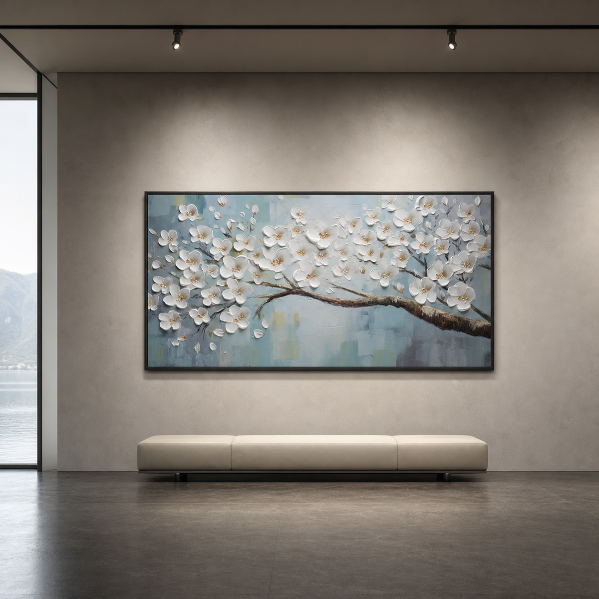 WHITE BLOSSOMS: White Petals Soft Blue Background Textured Canvas